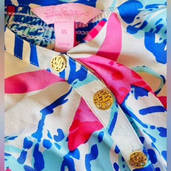 LILLY PULITZER 100% Silk Preppy Vibrant Colorful Lightweight Seashell Blouse XS - Picture 9 of 10